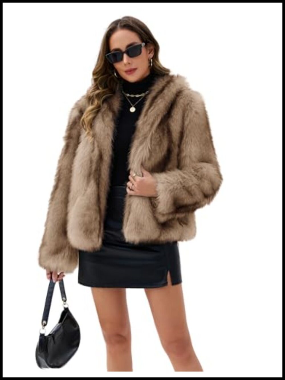 Womens Faux Fur Coat Long Sleeve Stand Collar Open Front Cropped Jacket
